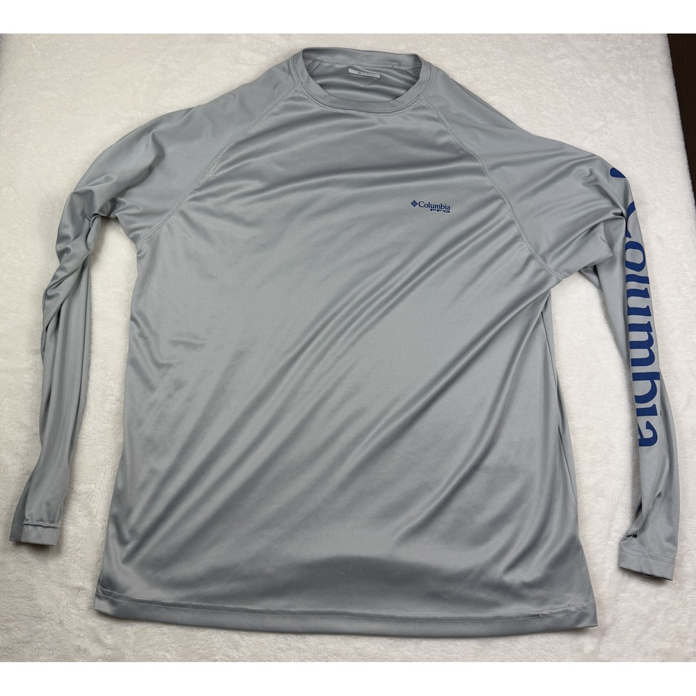 Columbia PFG Mens Gray Long Sleeve Performance Fishing Shirt Large Logo Raglan